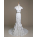 Fitted Elegant Sheath Sweep Train Lace Wedding Dress with Cap Sleeves