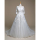 Inexpensive A-Line Court Train Wedding Dress with 3/4 Long Sleeves