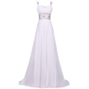 Women's White Sweep Train Long Chiffon Lace-Up Prom Evening Dress with Straps