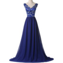 Custom V-Neck Sleeveless Satin Blue Chiffon Rhinestone Formal Evening Dress