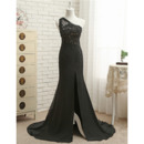 Inexpensive Sheath One Shoulder Long Black Chiffon Formal Evening Dress