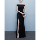 Sexy Off-the-shoulder Black Long Satin Split Formal Evening Dress