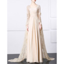 Designer Floor Length Chiffon Formal Evening Dress with Long Lace Sleeves