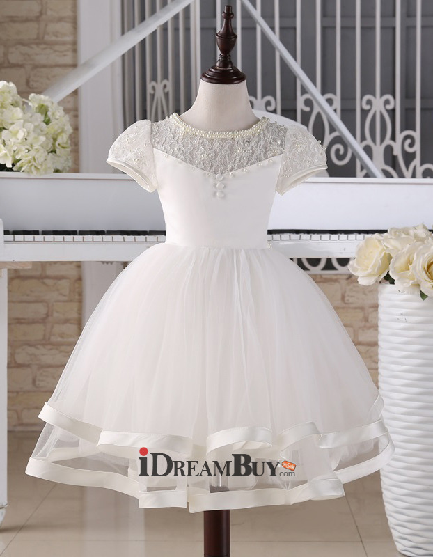 Pretty Ball Gown Knee Length First Communion Dress with Short Sleeves ...