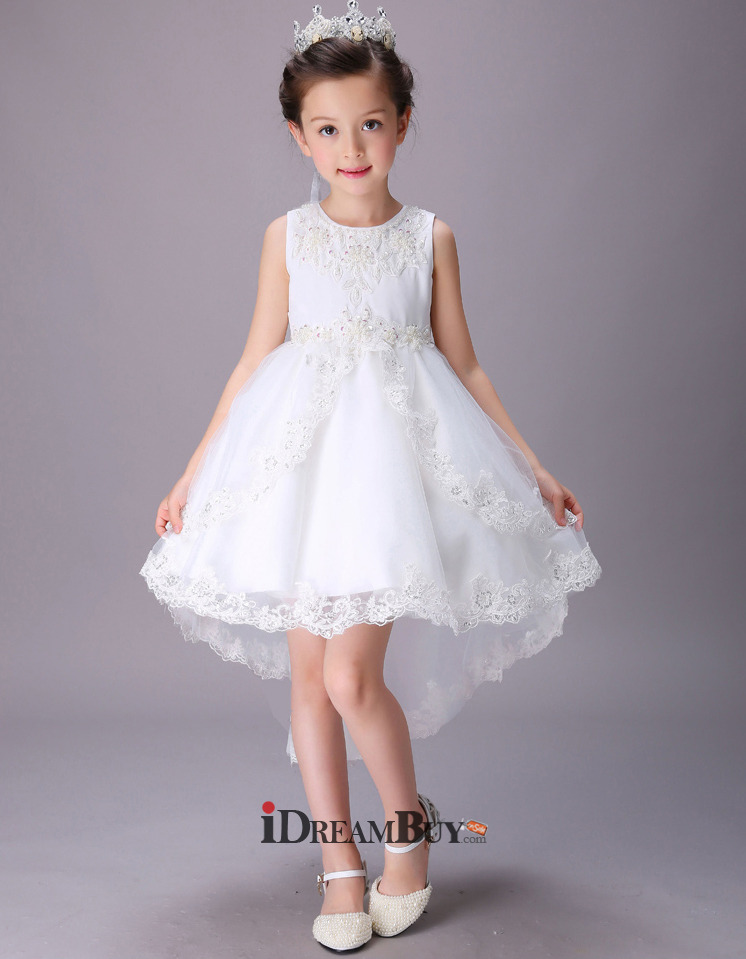 Kids Pretty A-Line Sleeveless High-Low Short Satin Flower Girl Dress ...