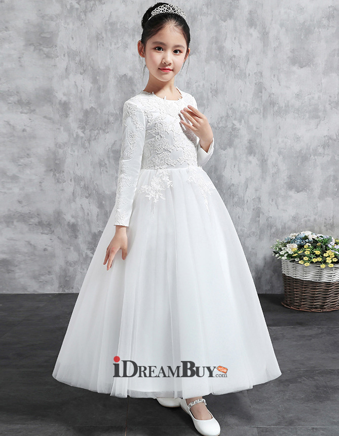 Affordable Lovely Ankle Length Satin Little Girls Party Dress with Long ...